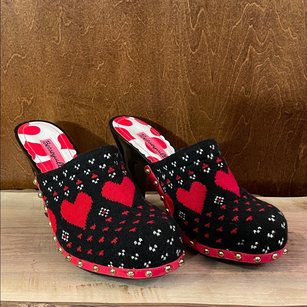 Betsey Johnson Black and Red Heart Mules